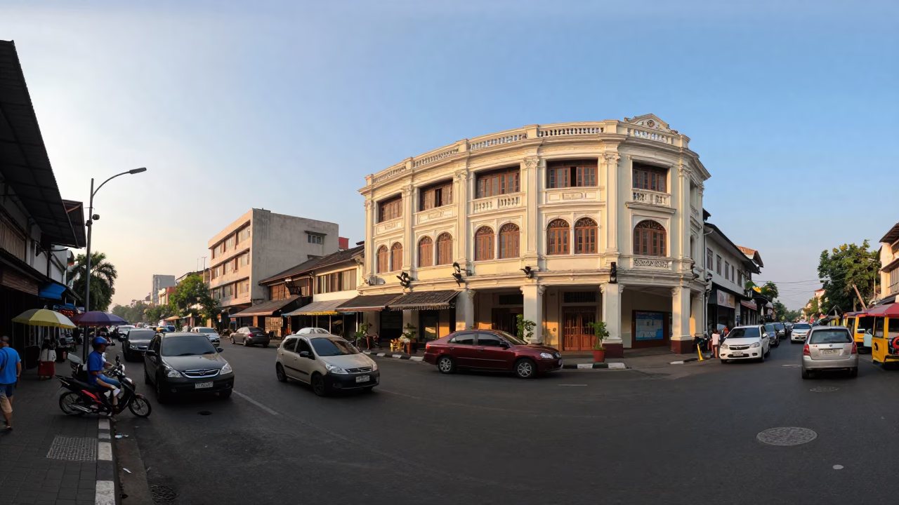 Surabaya Indonesia Late Morning Street Scene with Vintage 1980s Architecture and Local Traffic in in Surabaya, Indonesia