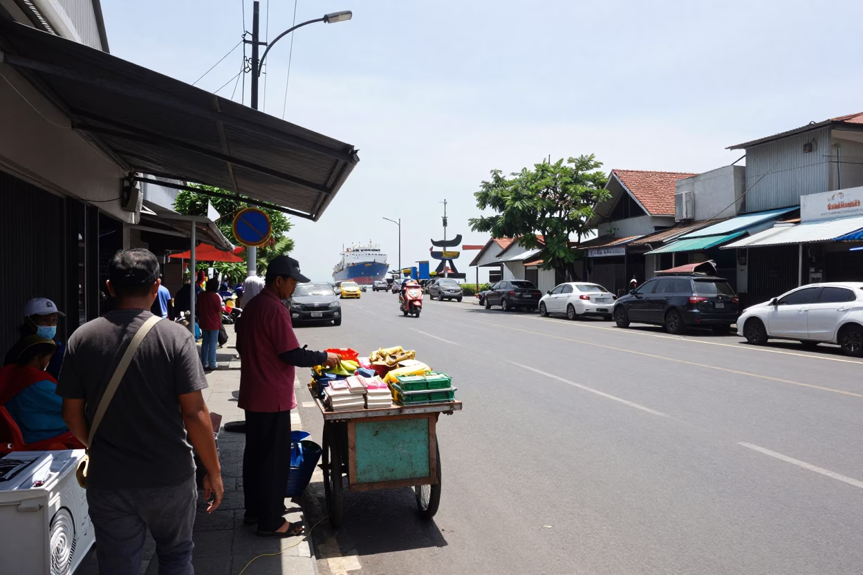 Surabaya Indonesia Midday Street Scene with Cargo Ship Horizon and Local Vendor in in Surabaya, Indonesia