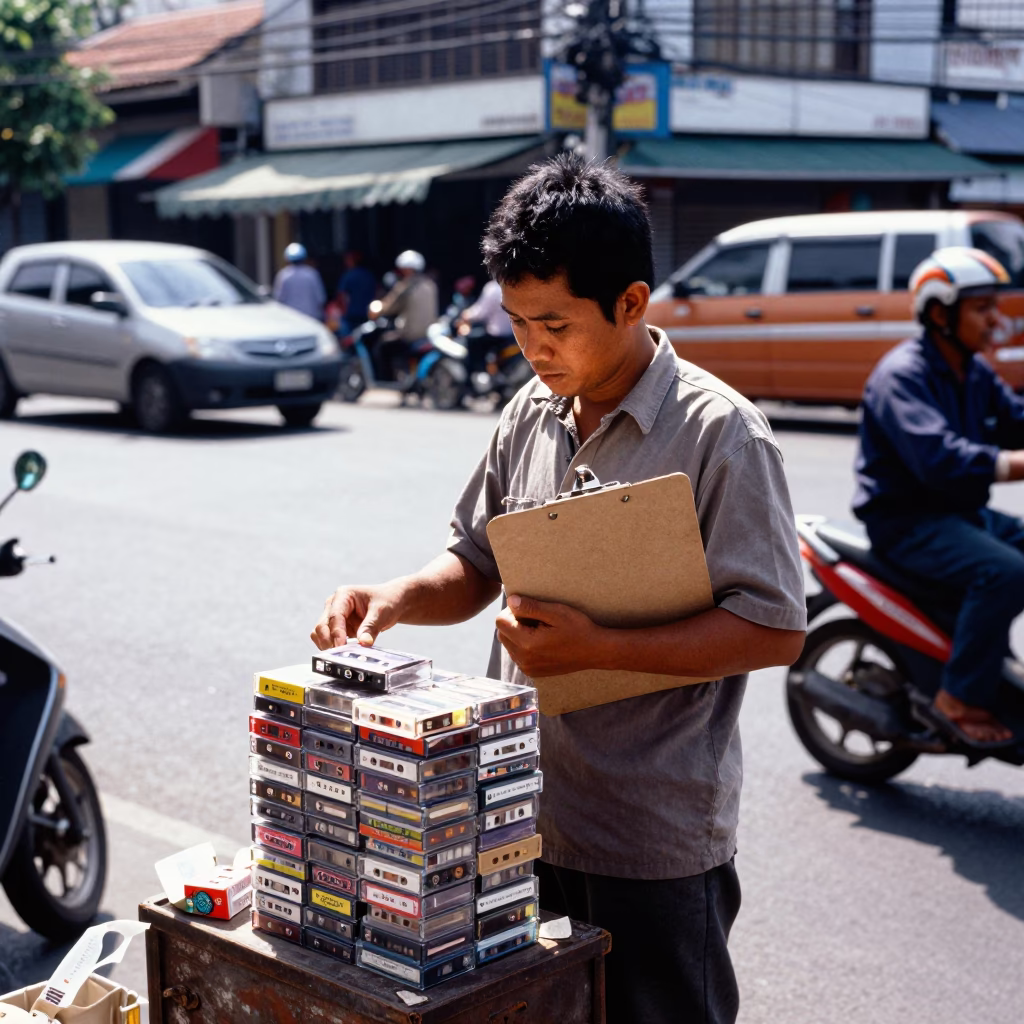 Surabaya Indonesia Midday Street Scene with Clipboard and Cassettes in in Surabaya, Indonesia