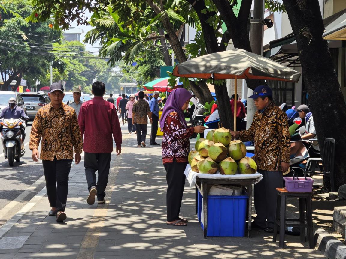 Surabaya Indonesia midday street scene with traditional clothing and urban life in in Surabaya, Indonesia