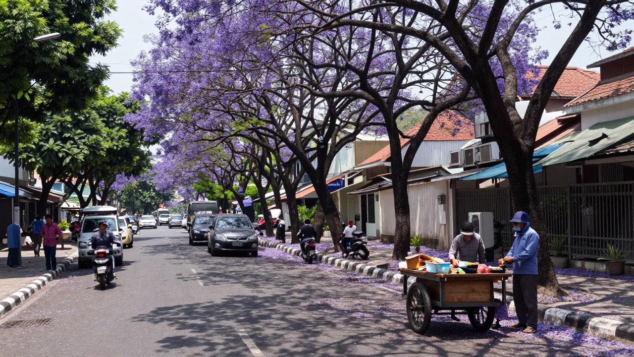 Surabaya Indonesia midmorning street scene with jacaranda tree purple bloom and local market basket in in Surabaya, Indonesia