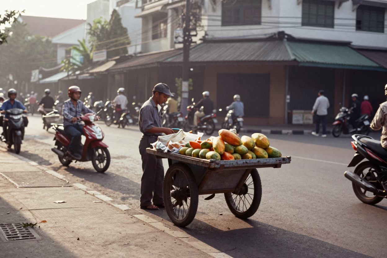 Surabaya Indonesia Morning Street Scene with Dented Metal Rim and Local Commerce at Dawn in in Surabaya, Indonesia