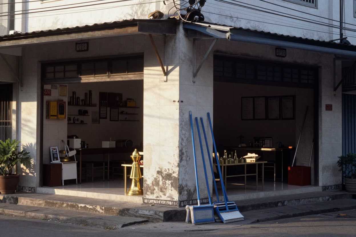 Surabaya Indonesia Morning Street Scene with Mops and Brass Hardware in in Surabaya, Indonesia
