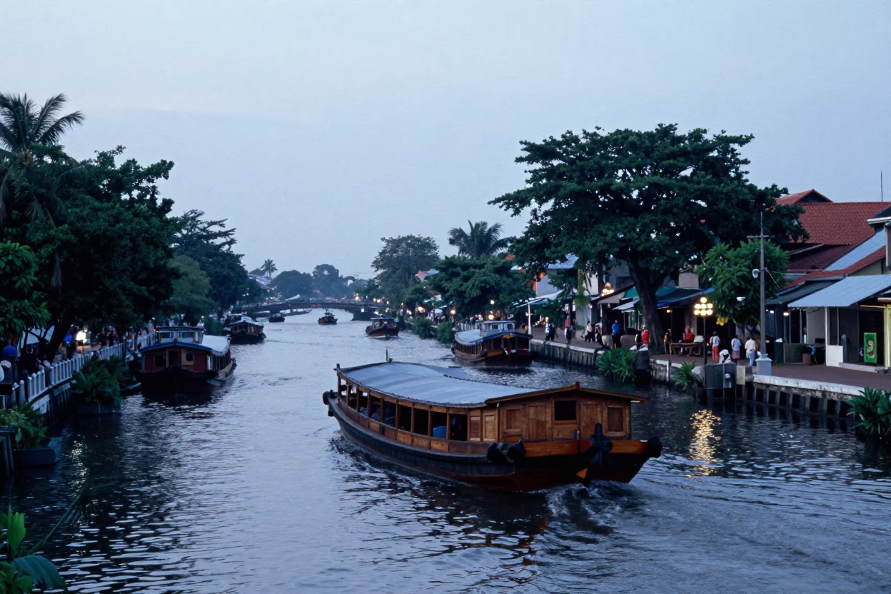 Surabaya Indonesia Nautical Dawn Street Scene with Barge and Canal in in Surabaya, Indonesia