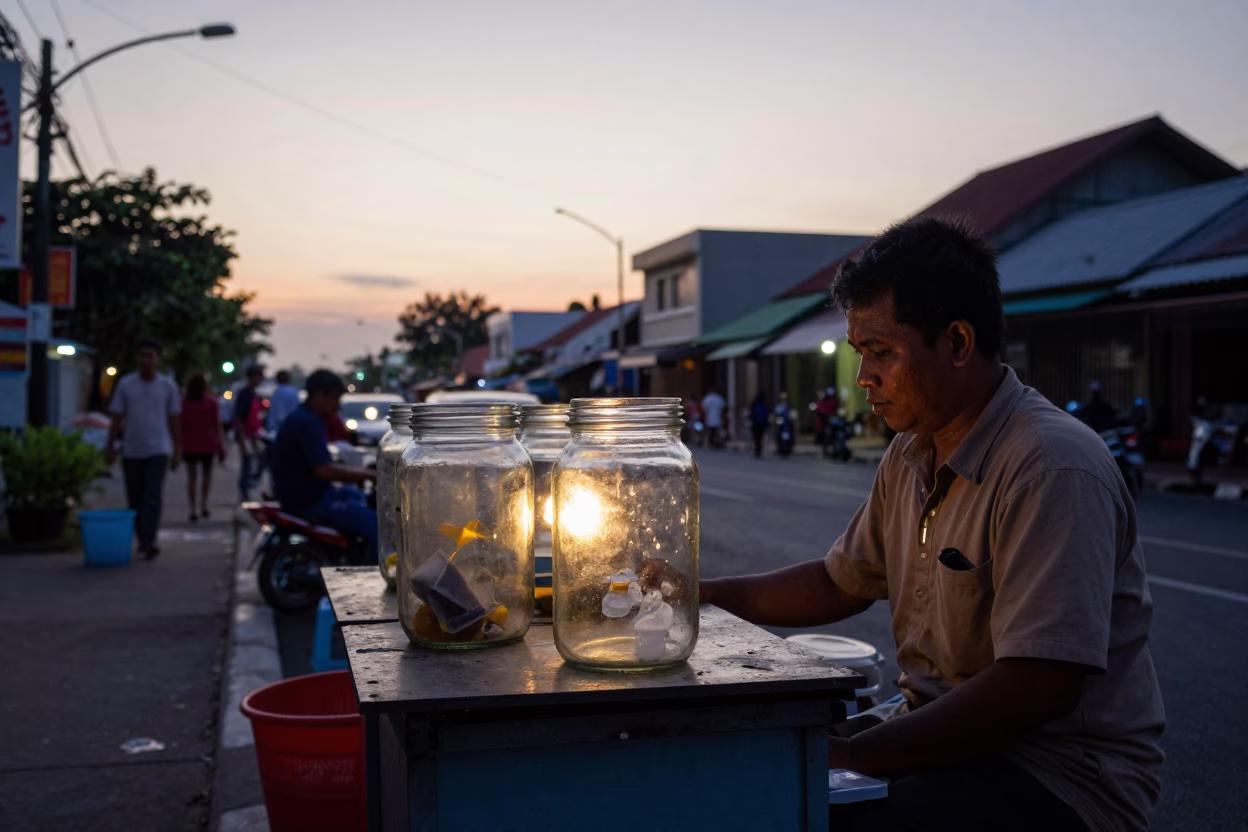 Surabaya Indonesia Nautical Dawn Street Scene with Glass Jar and Bread Basket in in Surabaya, Indonesia