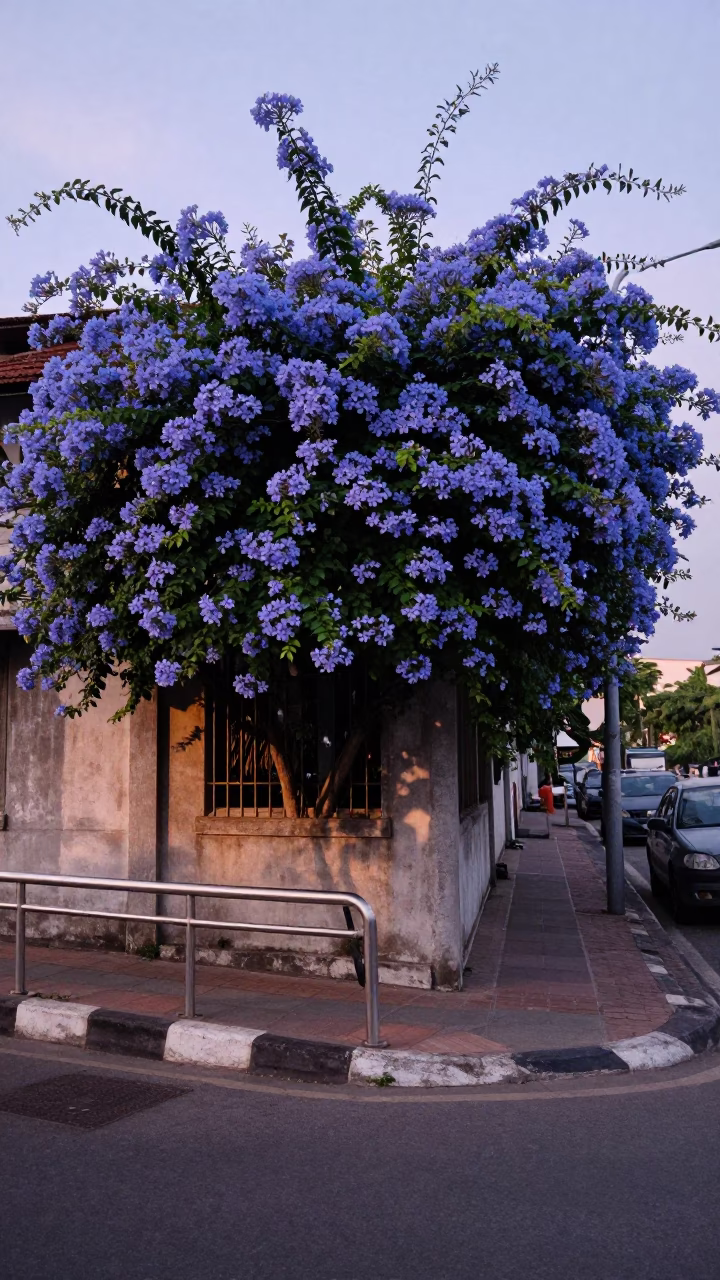 Surabaya Indonesia Nautical Dawn Street Scene with Plumbago Hedge and Brushed Steel Railings in in Surabaya, Indonesia