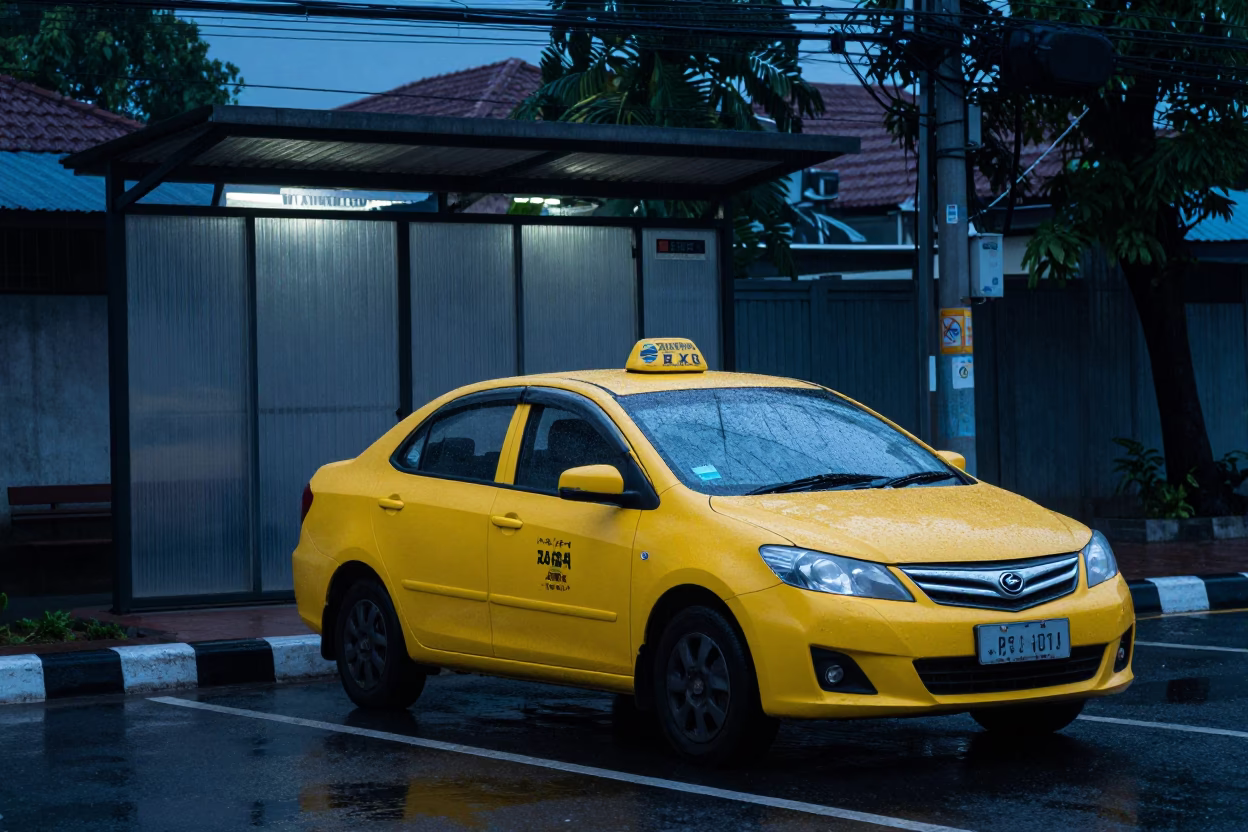 Surabaya Indonesia Nautical Dawn Yellow Taxi Rain Substation Fence Dew Warning Placards in in Surabaya, Indonesia