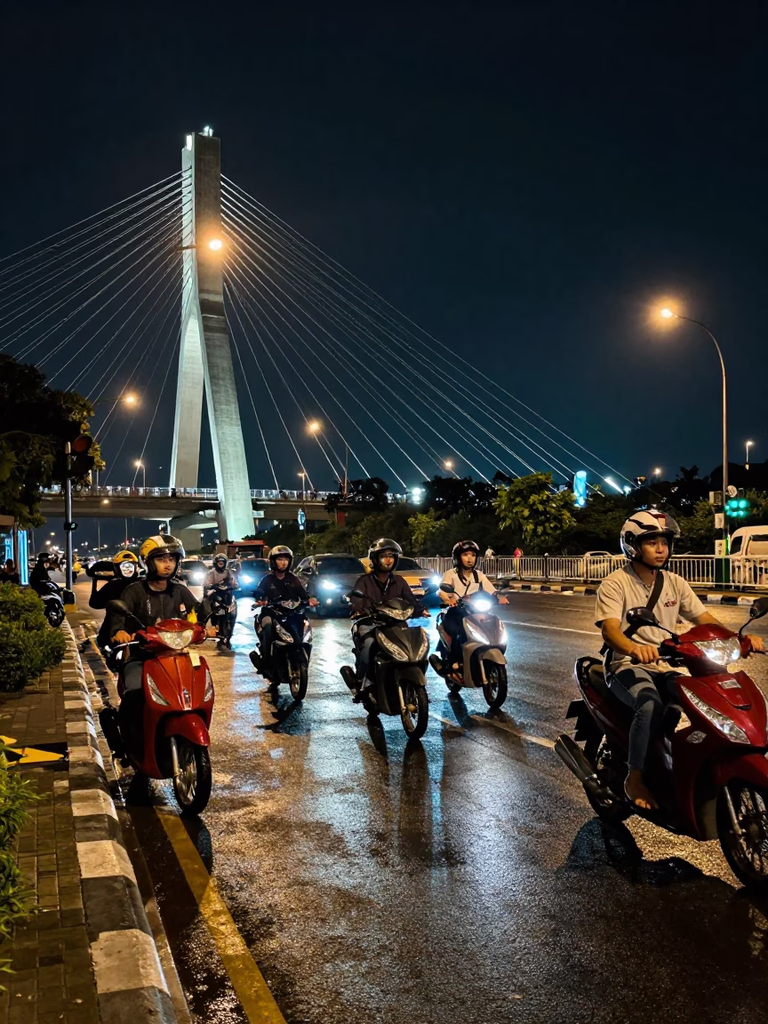 Surabaya Indonesia Night Street Scene with Cable Stayed Bridge and Motorcycles in in Surabaya, Indonesia
