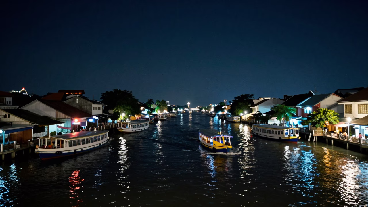 Surabaya Indonesia Night Street Scene with Water Taxi and Canal Houseboats Under Deep Sky in in Surabaya, Indonesia