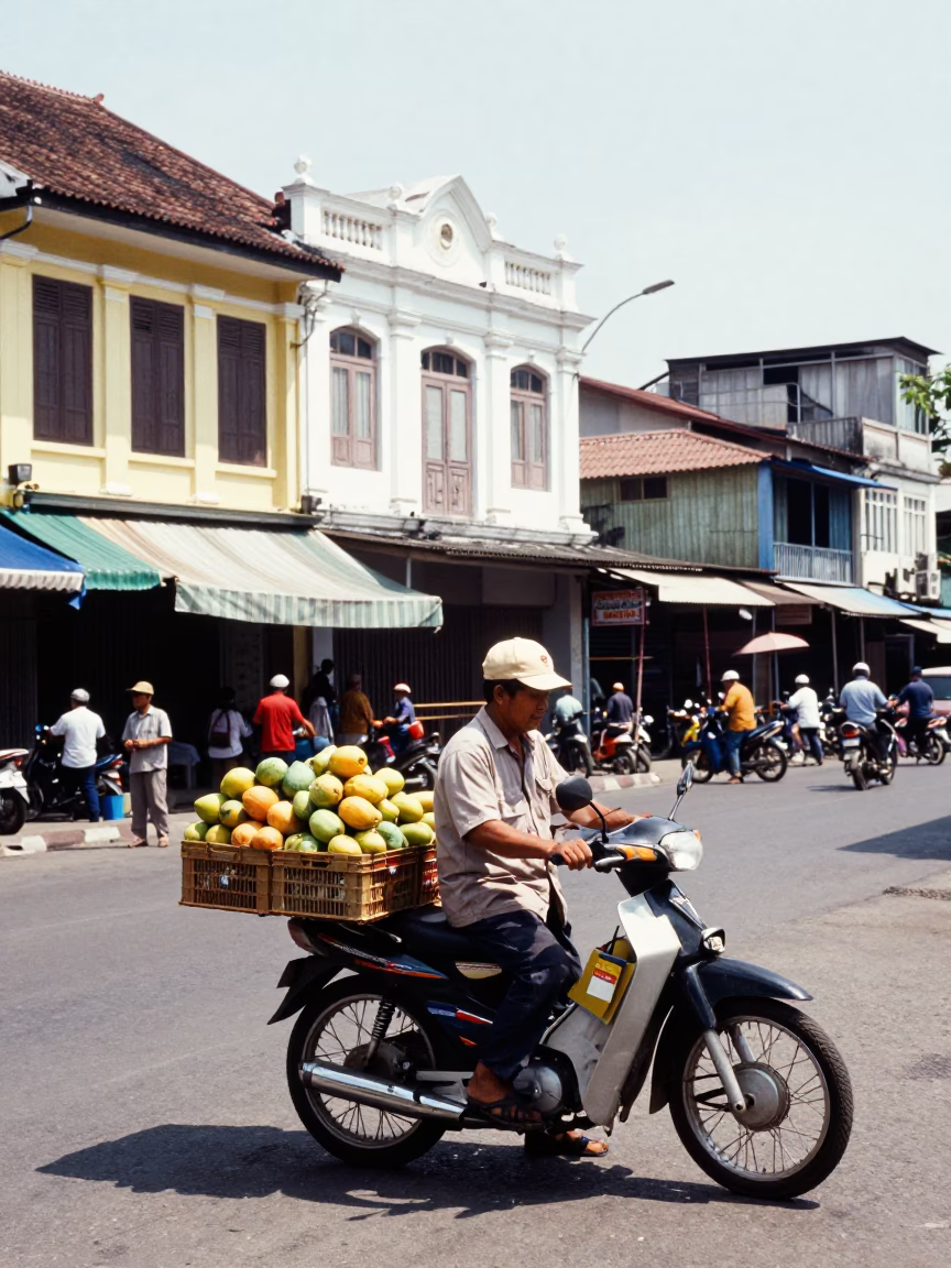 Surabaya Indonesia Noon Street Scene with Clipboard and Local Commerce in in Surabaya, Indonesia