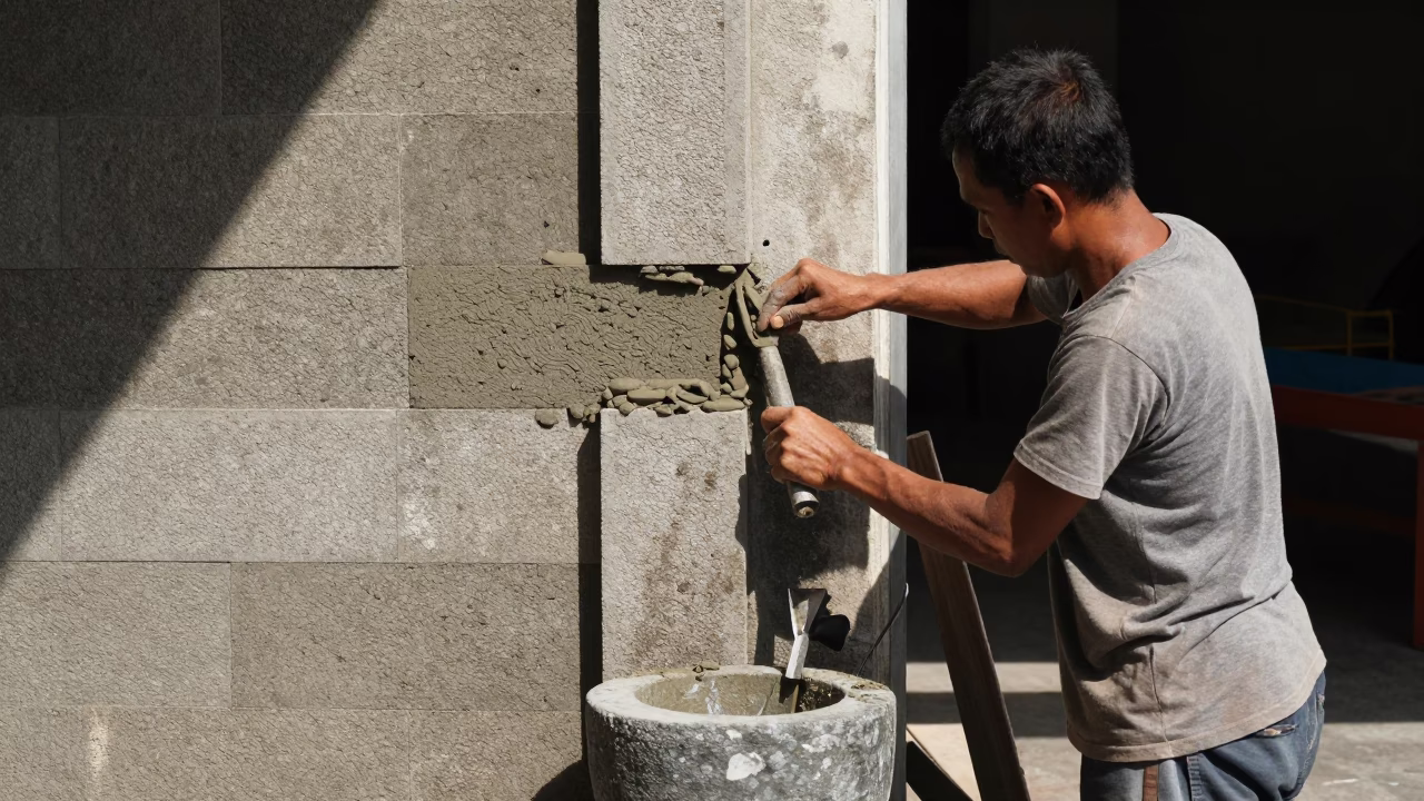 Surabaya Indonesia Noon Street Scene with Mason Mortar and Tool Hooks in in Surabaya, Indonesia
