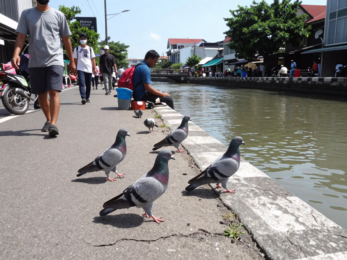 Surabaya Indonesia Noon Street Scene with Pigeons and Canal Edge in in Surabaya, Indonesia