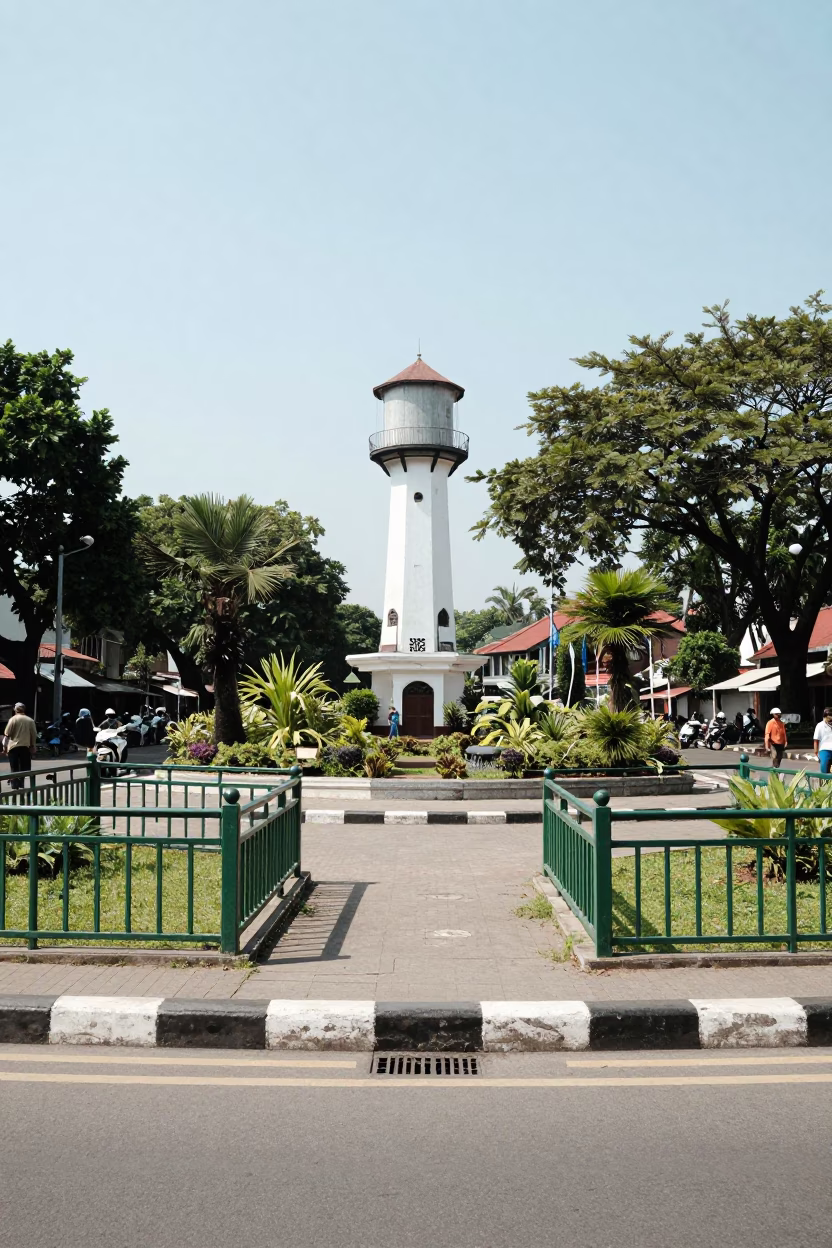 Surabaya Indonesia Noon Street Scene with Water Tower and Garden Benches in in Surabaya, Indonesia