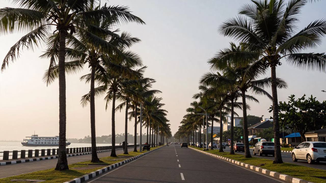 Surabaya Indonesia palm tree avenue boulevard morning light with ferry port activity in in Surabaya, Indonesia