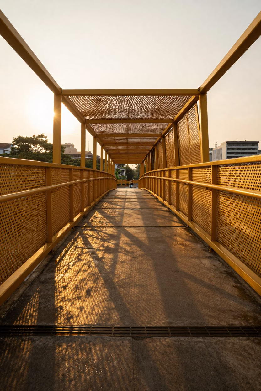 Surabaya Indonesia Pedestrian Overpass Perforated Metal Golden Evening Light Cityscape in in Surabaya, Indonesia