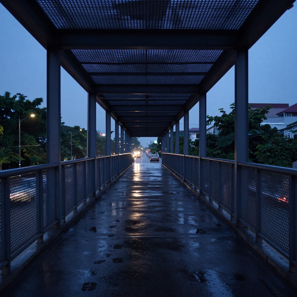 Surabaya Indonesia Pre-Dawn Street Scene Pedestrian Overpass Perforated Metal Wet Footsteps Urban Architecture in in Surabaya, Indonesia