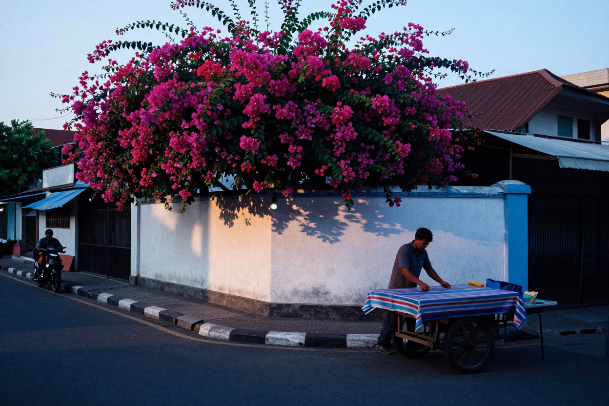 Surabaya Indonesia Pre-Dawn Street Scene with Bougainvillea and Local Market Activity in in Surabaya, Indonesia