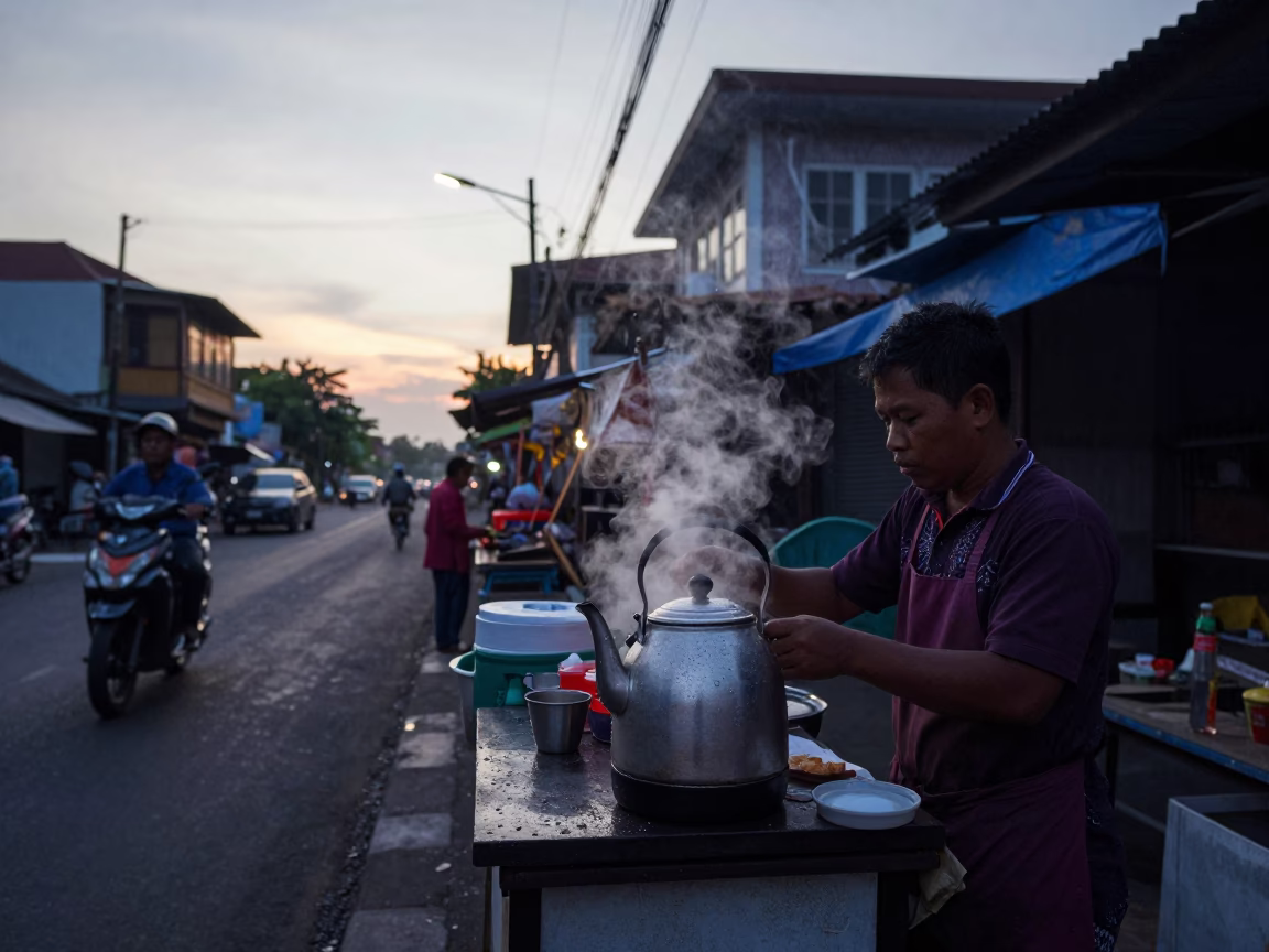 Surabaya Indonesia Pre-Dawn Street Scene With Electric Kettle And Dewy Substation Fence in in Surabaya, Indonesia