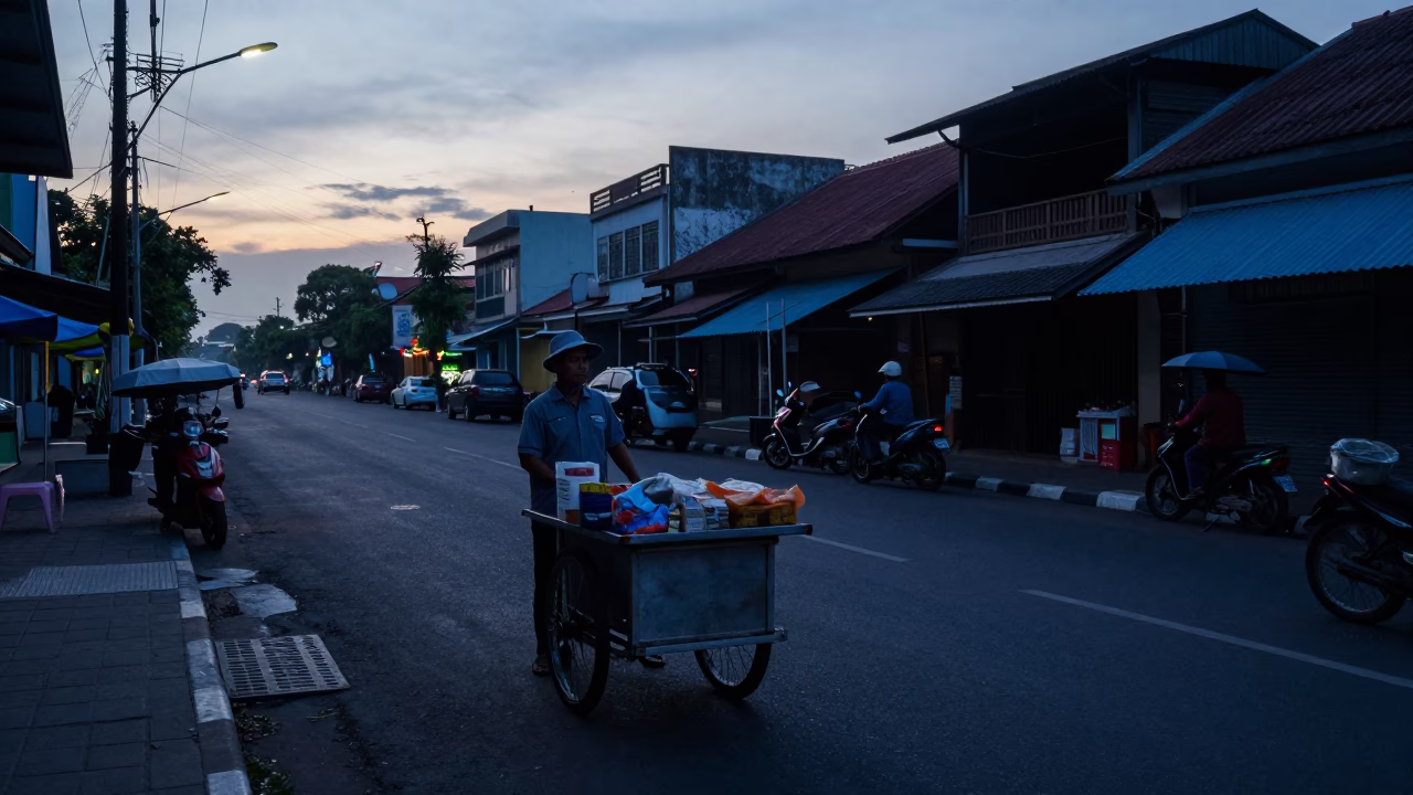 Surabaya Indonesia Pre-Dawn Street Scene with Local Vendor and Morning Light in in Surabaya, Indonesia