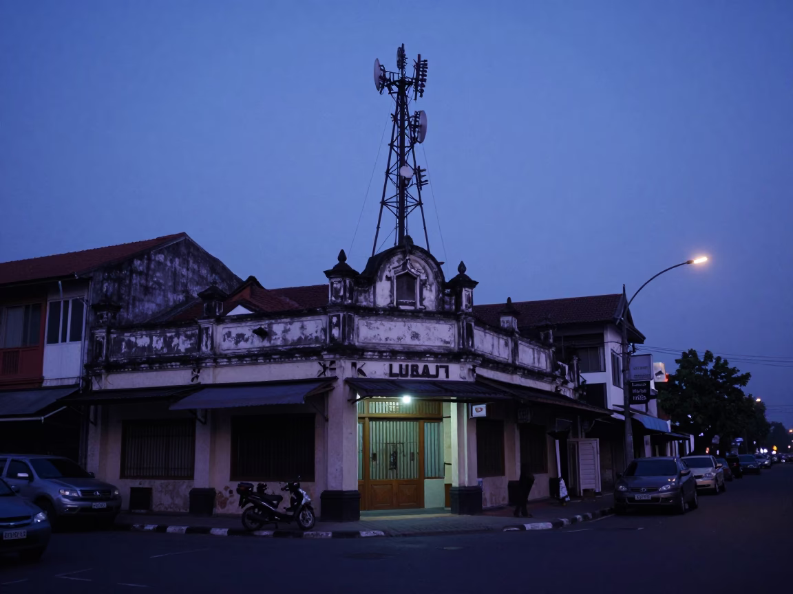 Surabaya Indonesia Pre-Dawn Street Scene With Old Shopfront And Telecommunication Mast in in Surabaya, Indonesia