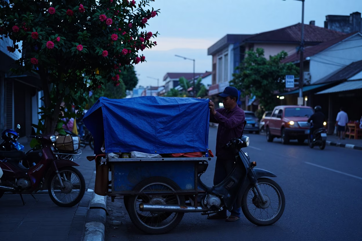Surabaya Indonesia Pre-Dawn Street Scene with Vintage Motorcycle and Camellia Flower in in Surabaya, Indonesia