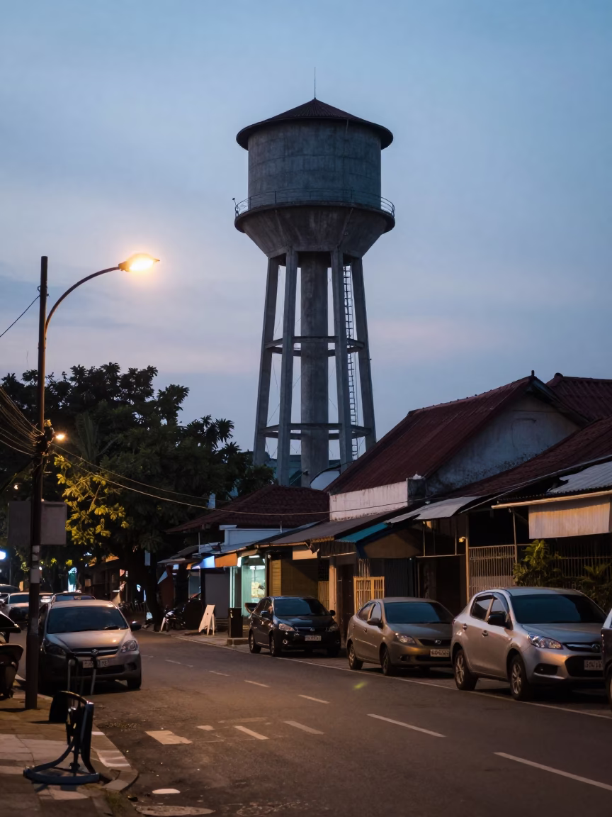 Surabaya Indonesia pre-dawn street scene with water tower ladder and mist in in Surabaya, Indonesia