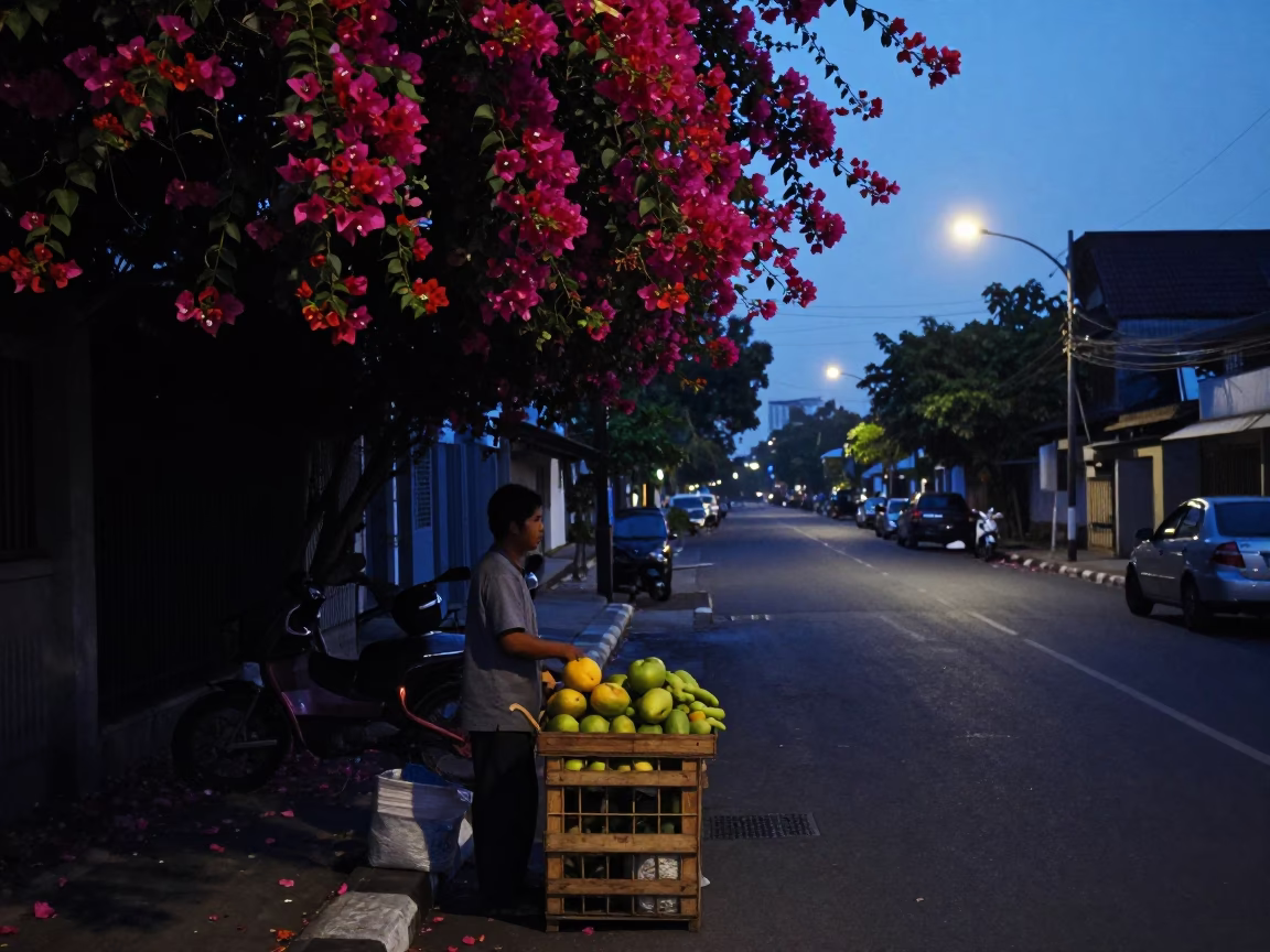 Surabaya Indonesia Predawn Street Scene with Bougainvillea and Fruit Crate in in Surabaya, Indonesia