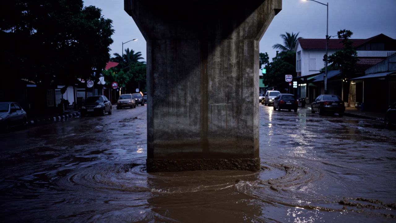 Surabaya Indonesia predawn street scene with bridge pier and muddy floodwater in in Surabaya, Indonesia