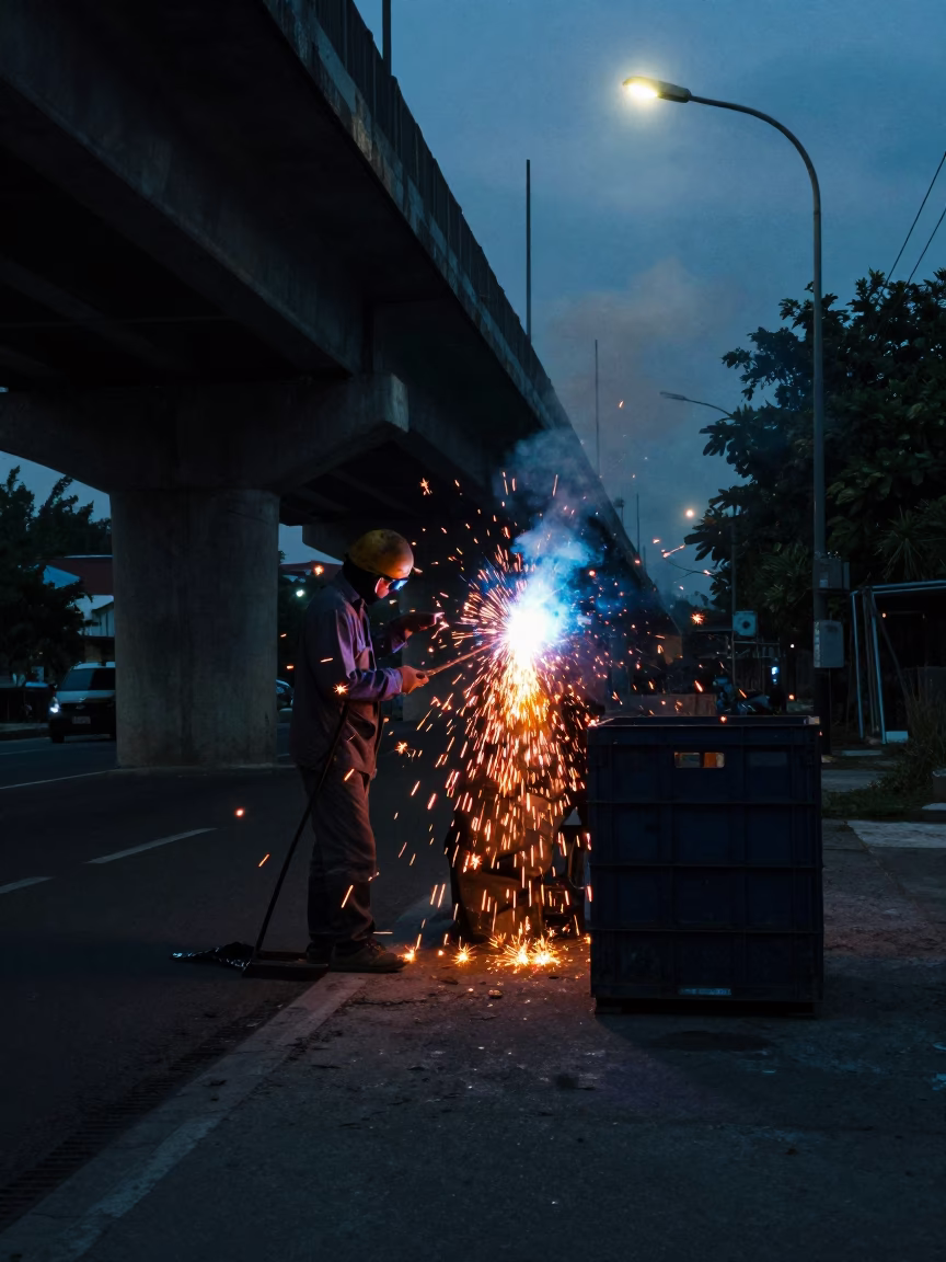 Surabaya Indonesia Predawn Street Scene with Welding Sparks and Crate in in Surabaya, Indonesia