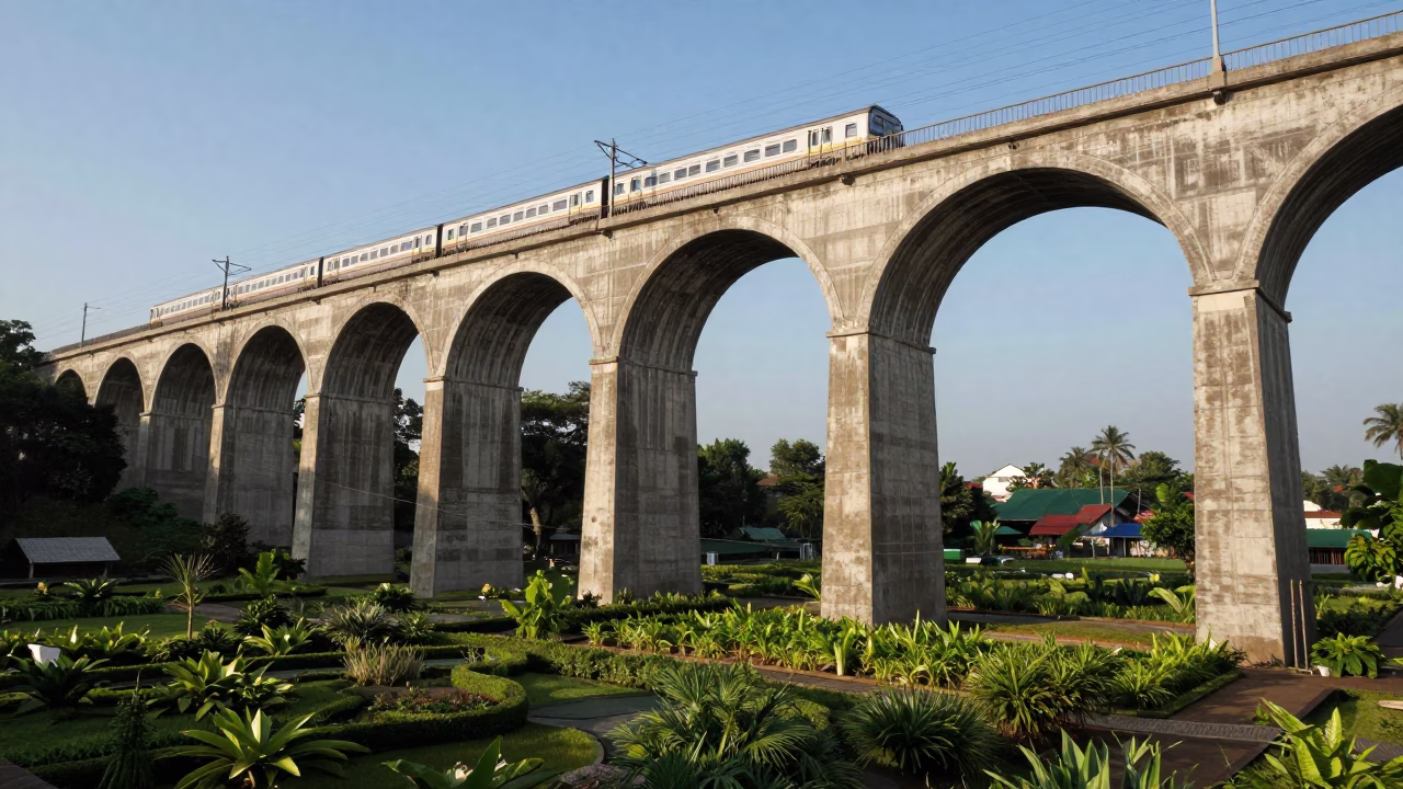 Surabaya Indonesia Railway Viaduct Arches Train Passing Clear Late Afternoon Light Realistic Photograph in in Surabaya, Indonesia