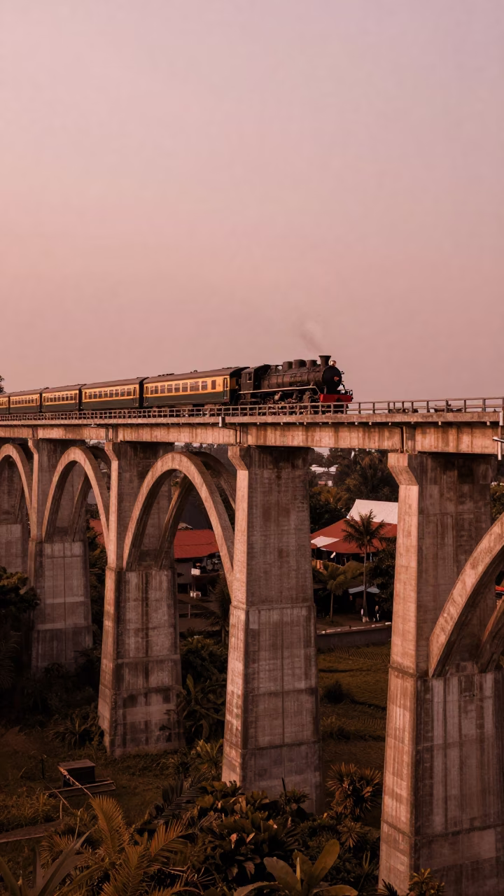 Surabaya Indonesia Railway Viaduct at Dusk with Steam Train Crossing Arches in in Surabaya, Indonesia