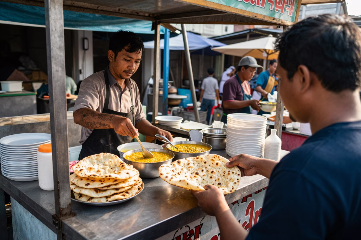 Surabaya Indonesia Street Food Stall Early Afternoon Dal Naan and Ceramic Utensils in in Surabaya, Indonesia