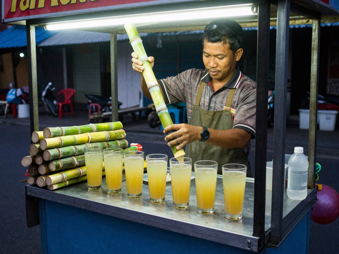 Surabaya Indonesia street food vendor serving fresh sugarcane juice before dawn in in Surabaya, Indonesia