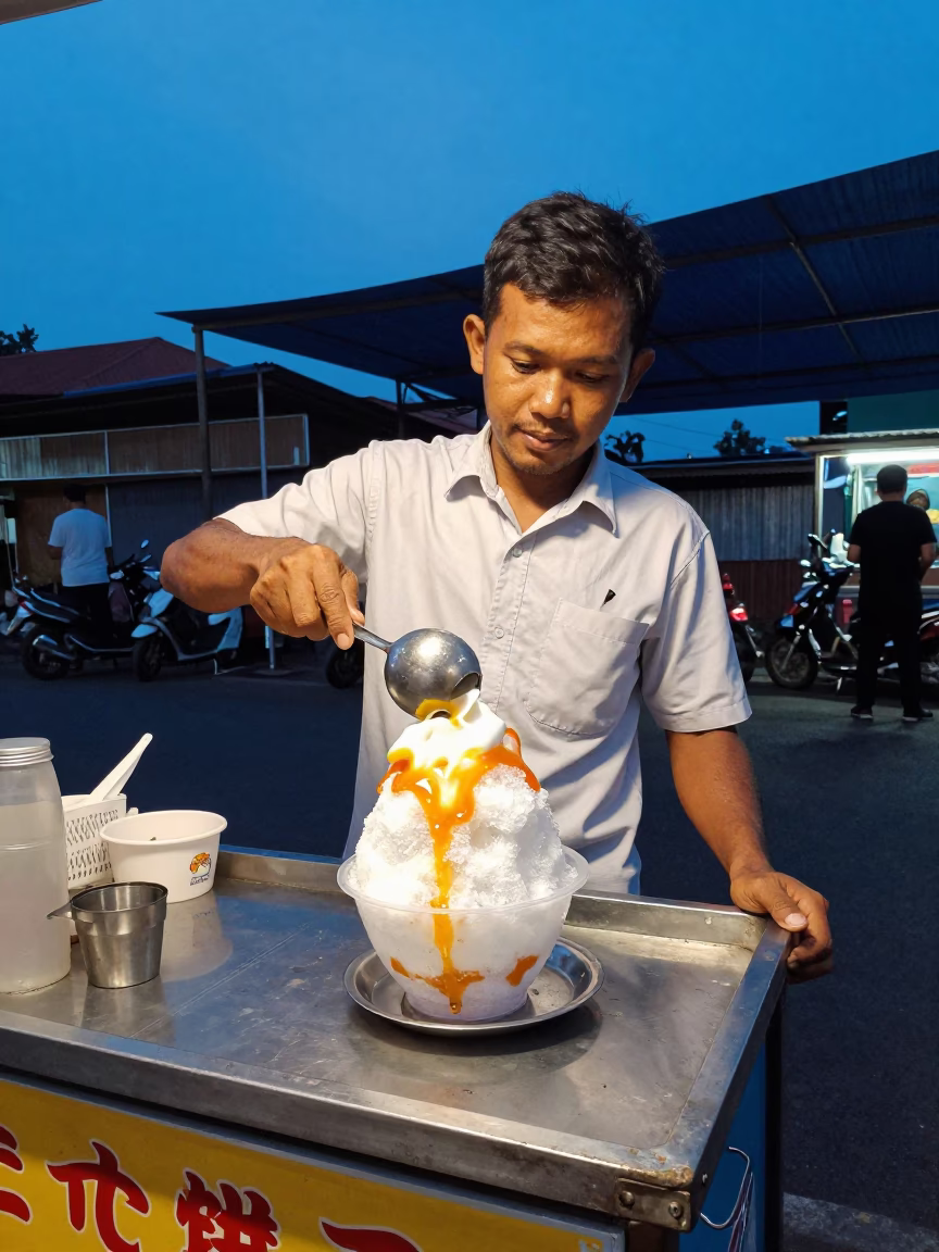 Surabaya Indonesia street food vendor serving shaved ice dessert at blue hour in in Surabaya, Indonesia