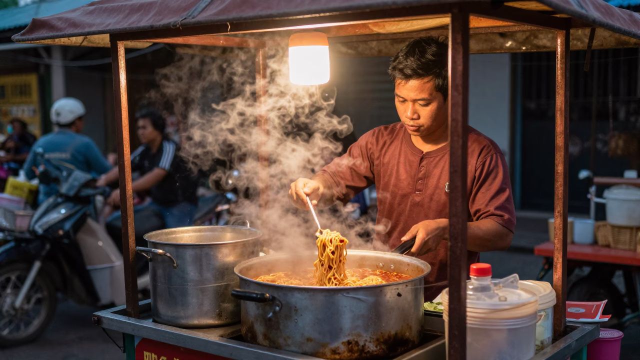 Surabaya Indonesia street food vendor serving spicy noodles in warm evening light in in Surabaya, Indonesia
