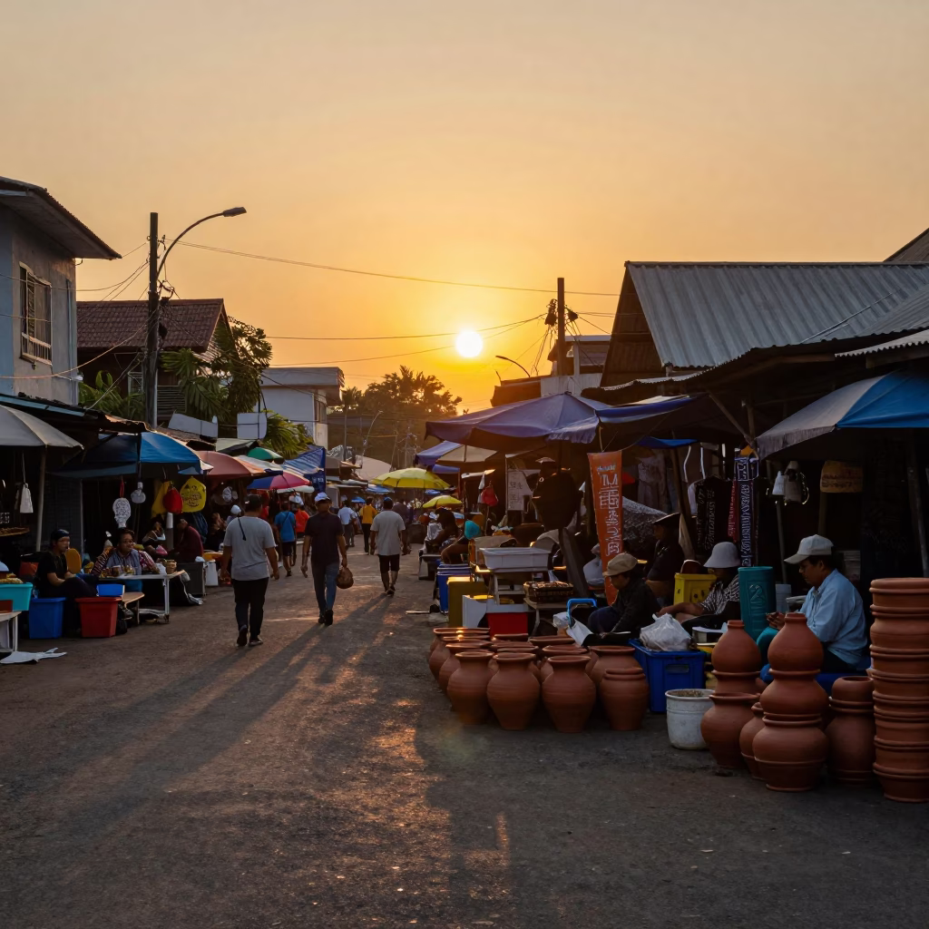 Surabaya Indonesia street market sunset with clay pots and local vendors in in Surabaya, Indonesia