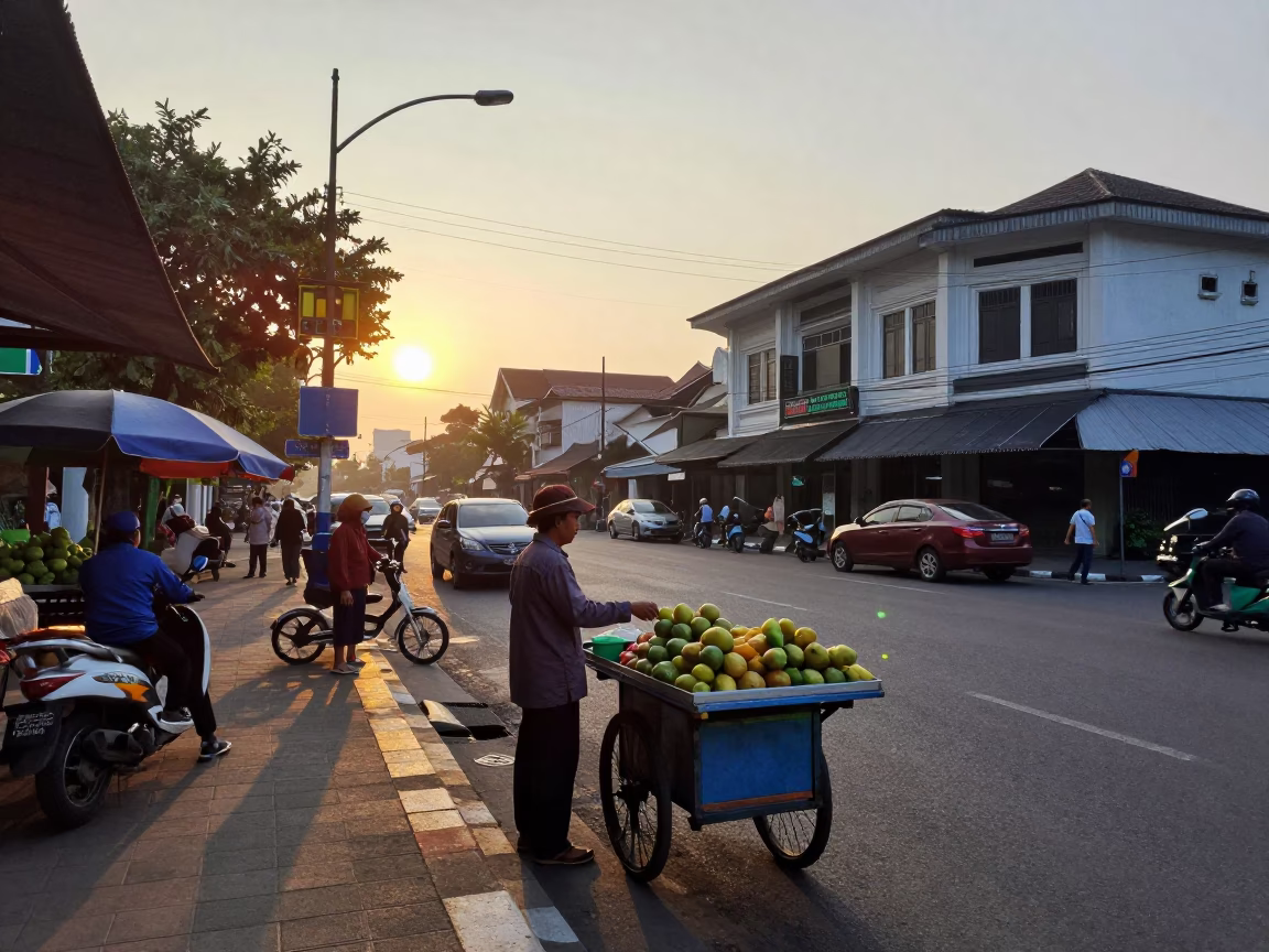 Surabaya Indonesia Street Scene After Sunrise with Local Vendor and Monorail in in Surabaya, Indonesia