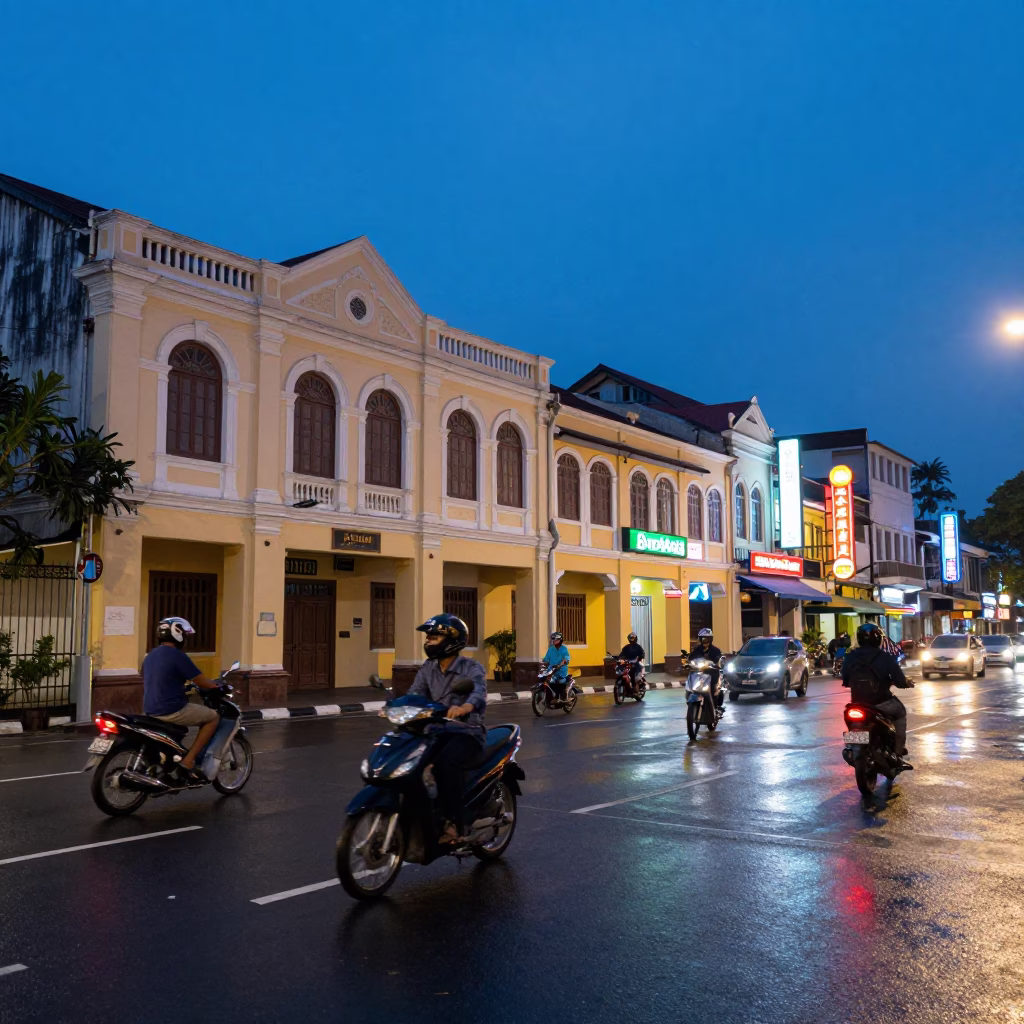 Surabaya Indonesia street scene at blue hour with motorbikes and colonial architecture in in Surabaya, Indonesia