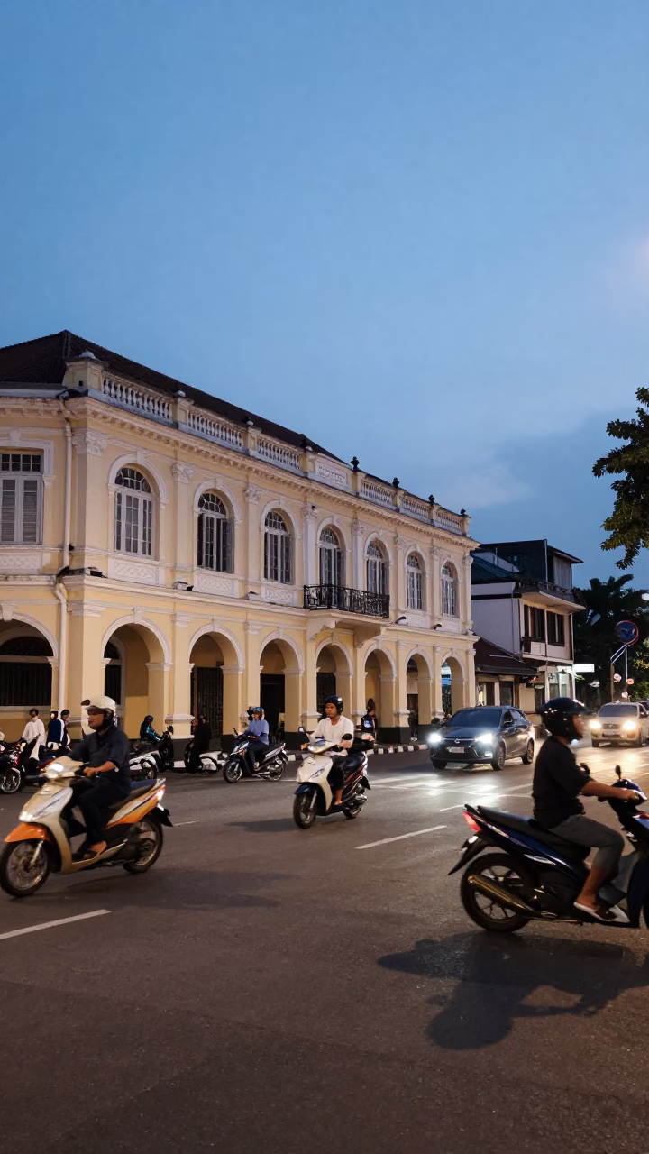 Surabaya Indonesia street scene at dusk with motorcycle traffic and traditional architecture in in Surabaya, Indonesia