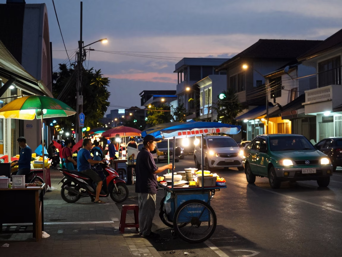 Surabaya Indonesia Street Scene at Dusk with Vendor and Colorful Crate in in Surabaya, Indonesia