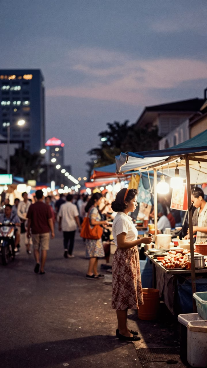 Surabaya Indonesia street scene at dusk with vintage 1960s aesthetic and local life in in Surabaya, Indonesia