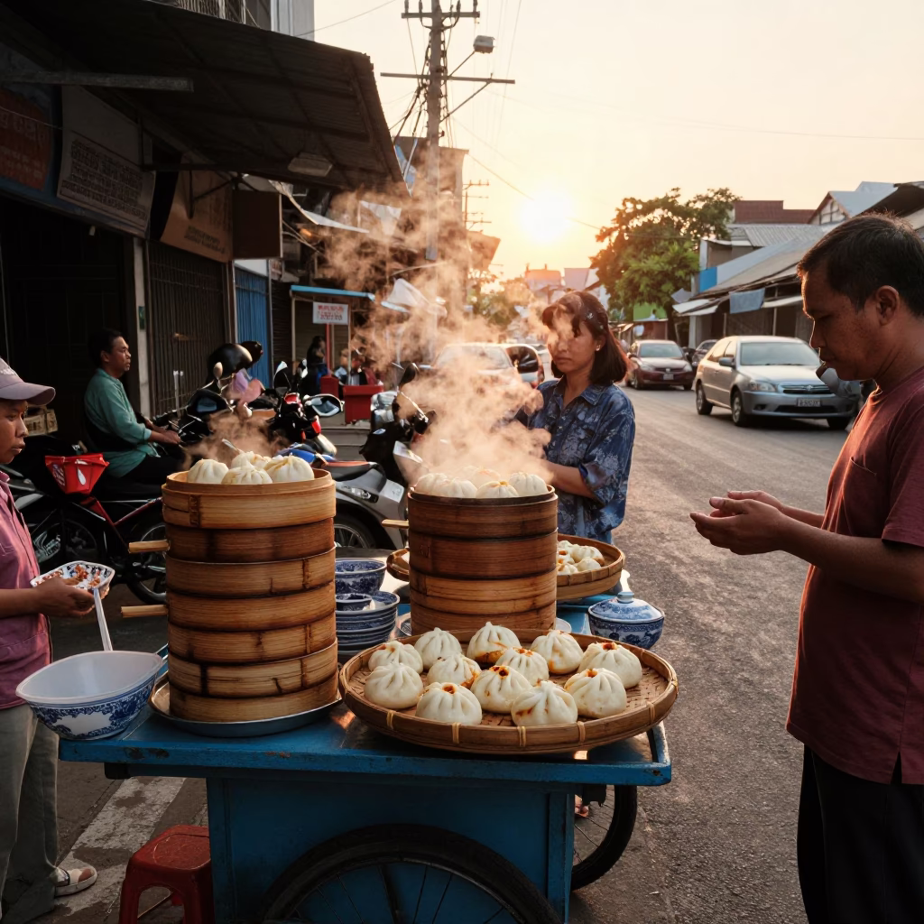 Surabaya Indonesia Street Scene at Golden Hour with Bamboo Steamers and Blue Porcelain Bowl in in Surabaya, Indonesia