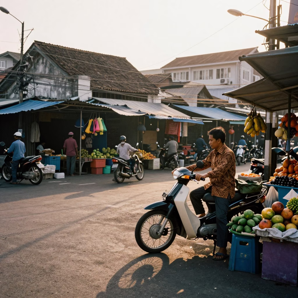 Surabaya Indonesia street scene at golden hour with vintage motorbike and local market activity in in Surabaya, Indonesia