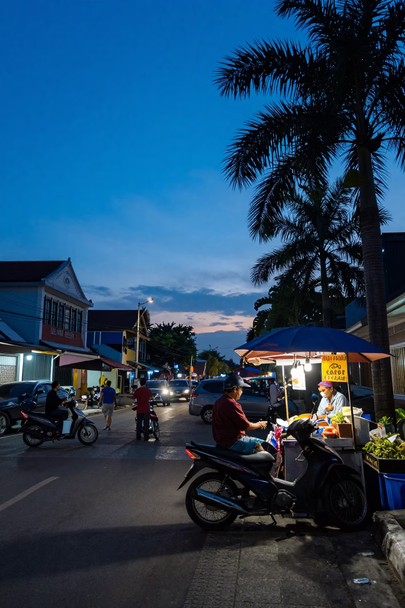 Surabaya Indonesia Street Scene at Indigo Twilight with Local Vendor and Traffic in in Surabaya, Indonesia