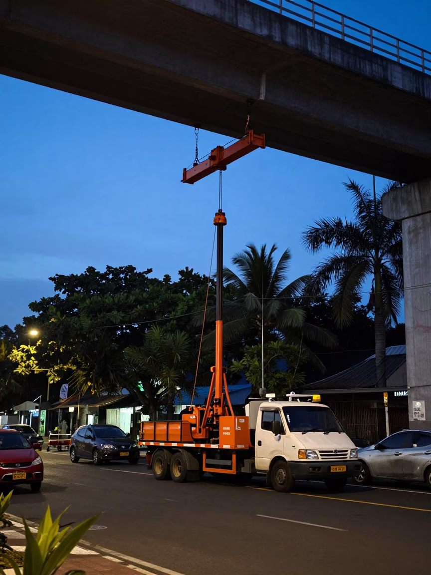 Surabaya Indonesia street scene at nautical dawn with maintenance equipment in in Surabaya, Indonesia