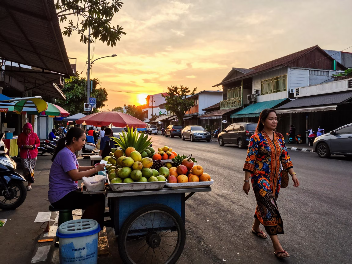 Surabaya Indonesia Street Scene at Sunset with Colorful Fashion and Local Life in in Surabaya, Indonesia