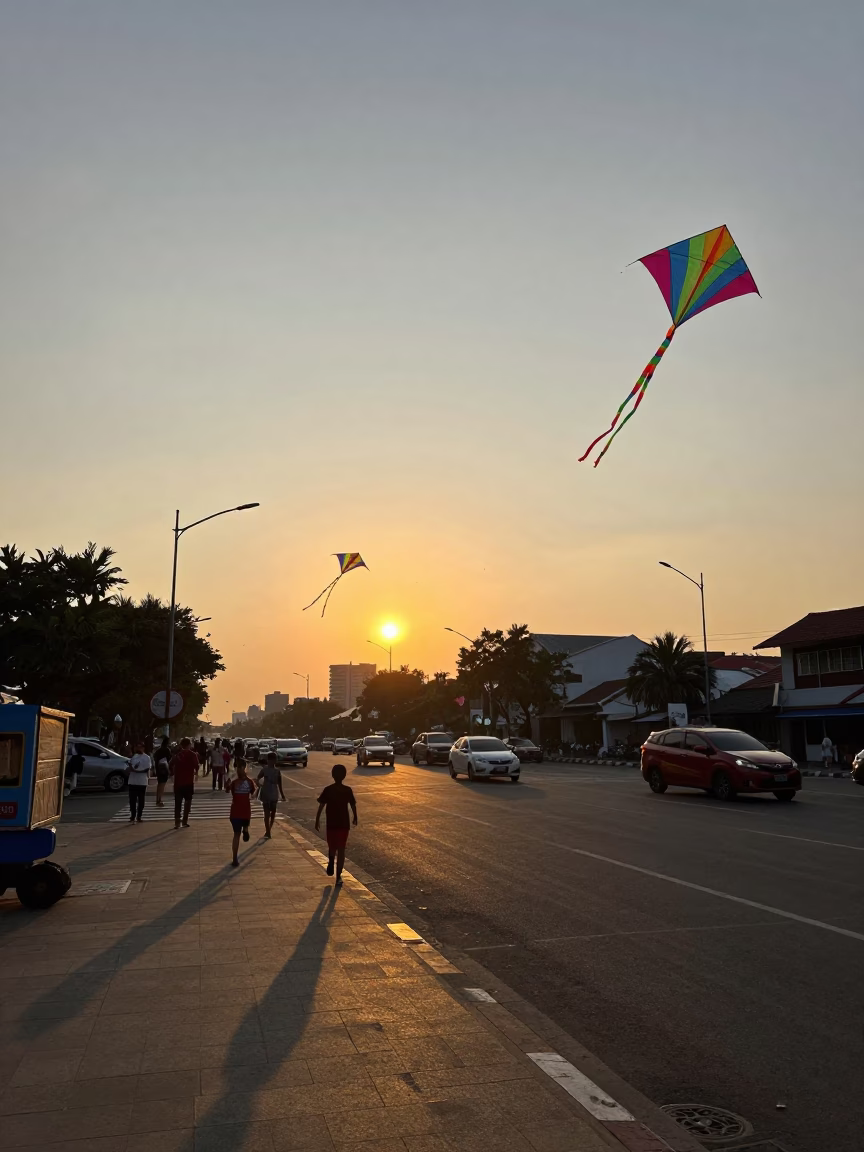 Surabaya Indonesia street scene at sunset with colorful kites and bustling traffic in in Surabaya, Indonesia