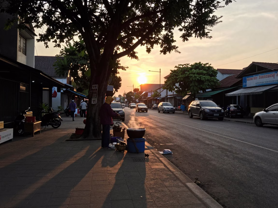 Surabaya Indonesia street scene at sunset with cooking pot and banyan tree in in Surabaya, Indonesia