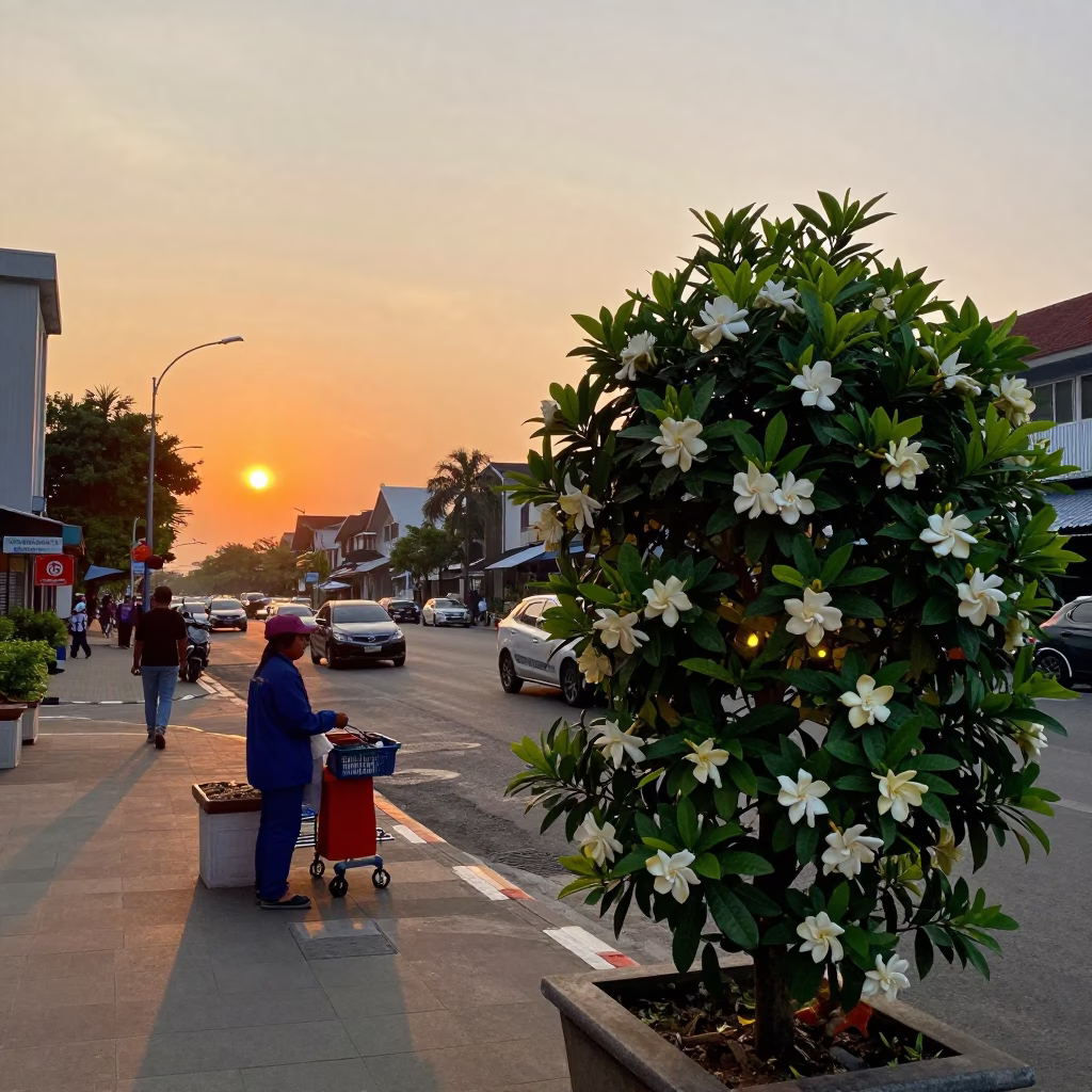 Surabaya Indonesia Street Scene at Sunset with Gardenia Bush and Clipboard in in Surabaya, Indonesia