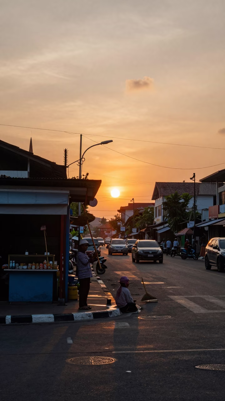 Surabaya Indonesia street scene at sunset with hand broom and wash basin in in Surabaya, Indonesia